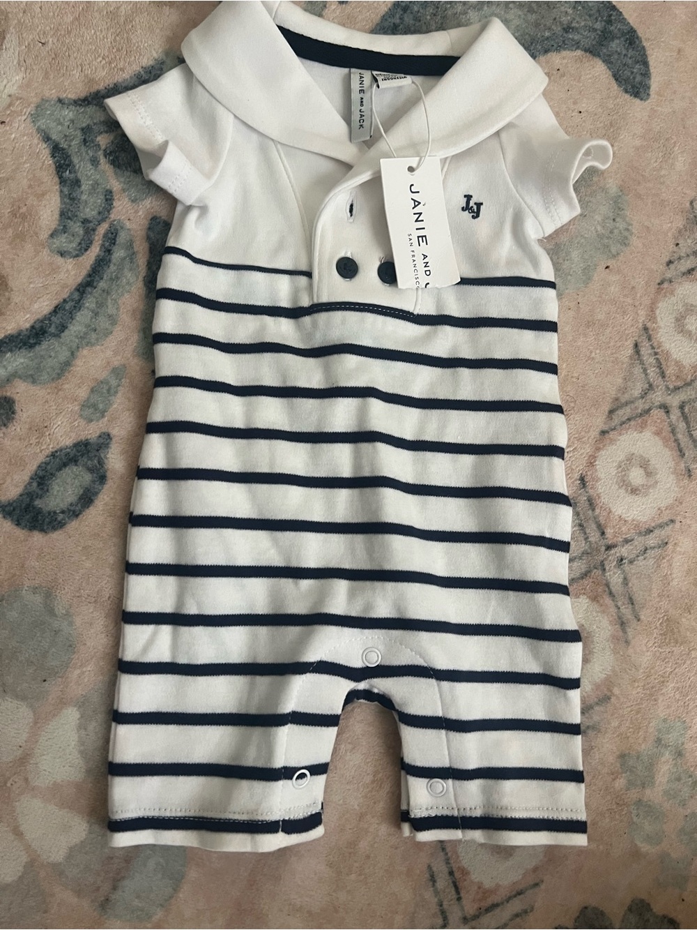 Janie and Jack White Polo Romper with Navy Trim